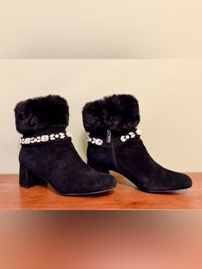 Adrienne Vittadini Black Faux Fur Ankle Boots with Crystal Trim